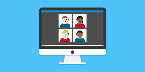 Illustration einer Videokonferenz. Darstellung eines Monitors. Darin vier Kacheln mit jeweils einer Person. Alle tragen Kopfhörer.