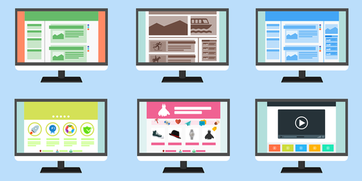 Illustration von sechs verschiedenen Bildschirmen. Auf jedem ist eine unterschiedlich bunte Darstellung zu sehen. 