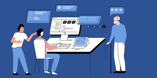 Eine Illustration. Drei Personen vor einem blauen Hintergrund. Mittig sitzt die Person vor einem großen Bildschirm. Darüber sind vereinzelte Felder. Die linke Person zeigt auf den Bildschirm und die rechte Person hat eine Sprechblase über dem Kopf.