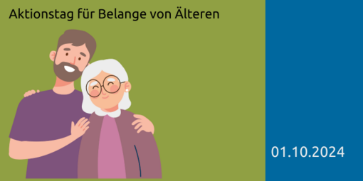 Eine Illustration von einen Herren Mitte Dreißi, der eine Dame um die 70 seitlich Umarmt 