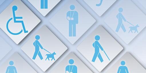 Mehrere weiße Rauten aneinander gereiht. Darin verschiedene Symbole in blau: Rollstuhlfahrer, Person mit Hund an der Leine, Mutter mit Kind, ein Ohr.
