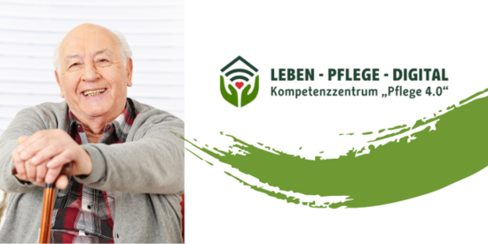 Eine älterer Herr sitzt lächelnd auf einem Stuhl und stützt sich auf einen Gehstock. 