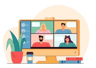 Illustration eines virtuellen Meetings, die auf einem Computermonitor dargestellt wird. Der Monitor zeigt vier Personen in getrennten Fenstern, die jeweils aus verschiedenen Orten teilnehmen. Die Teilnehmer scheinen lächelnd und engagiert, was auf eine positive Interaktion hindeutet.