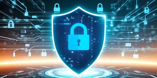 KI-generiertes Bild. In einem Schutzschild ist ein Schloss. Dahinter Datenstränge und viele Schlösser.