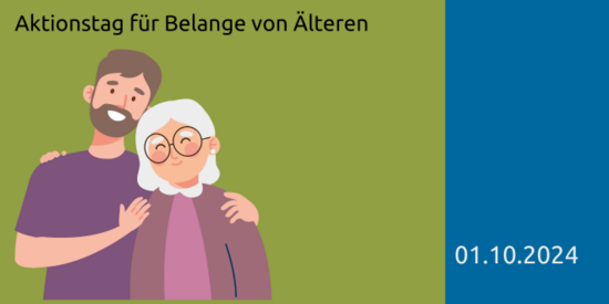 Eine Illustration von einen Herren Mitte Dreißi, der eine Dame um die 70 seitlich Umarmt 