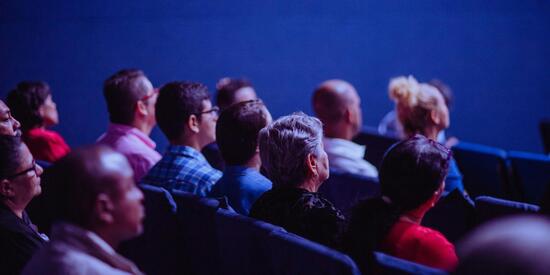 Mehrere Personen sitzen in einem Kinosaal. Sie sind von hinten zu sehen. 