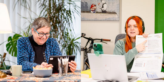 eine Seniorin sitzt in ihrem Wohnzimmer am Tablet und macht einen Videocall mit einer Studentin, die ebenfalls bei sich zu Hause sitzt. 