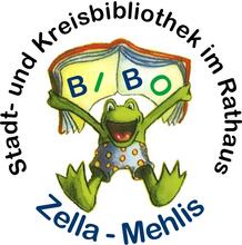 Logo der Stadt- und Kreisbibliothek Zella-Mehlis; grafische Darstellung eines Frosches, der ein aufgeschlagenes Buch mit seinen Namen BIBO über den Kopf hältüber Kopf hält, i