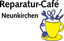 Logo des Reparatur-Cafes Neunkirchen: Abbildung einer grafischen gelben Tasse mit Werkzeugen gefüllt