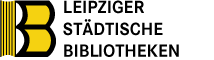 Logo Leipziger Städtischen Bibliotheken: Buch mit Schnittseite und rechts davon ein angelehntes stilisiertes B