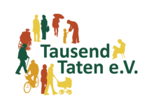 Logo des Vereins "Tausend Taten". Es sind die Silhouetten einiger Personen verschiedener Altersklassen zu sehen. Die Personen sind bunt dargestellt.