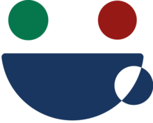 Logo des Tralala: gezeichnet eine blaue Tasse, darüber mit ein grüner und ein roter Punkt. So sieht es als Ganzes gesehen auch nach einem Smiley auch.